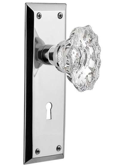 New York Style Mortise-Lock Set with Chateau Crystal Glass Knobs in Polished Chrome.